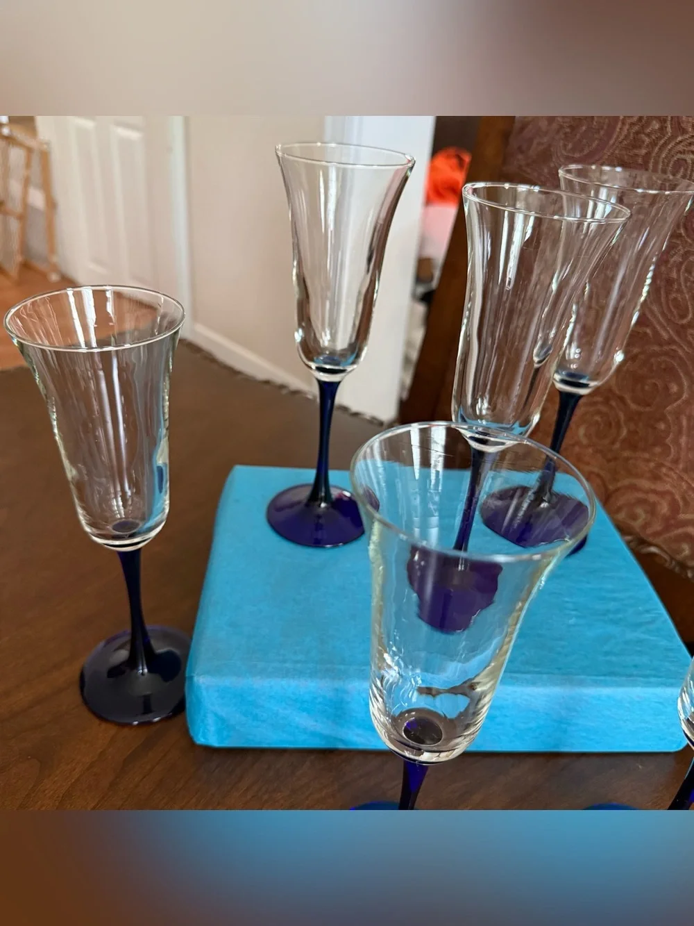 Vintage Luminarc France Cobalt Blue Stem Champagne Flutes - Set of 6 + 1 Spare